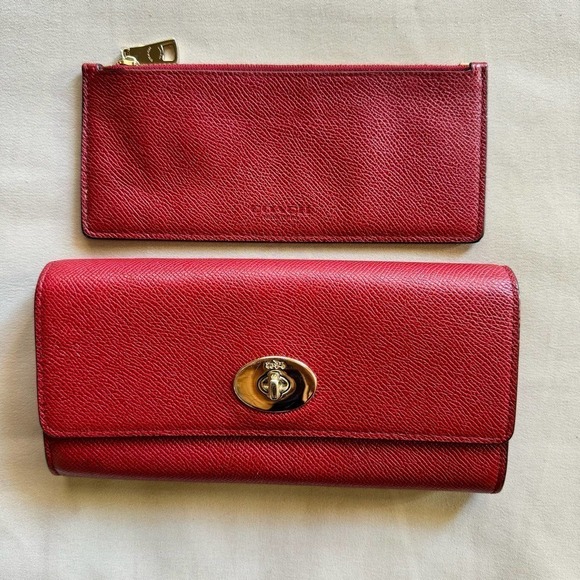 COACH Crossgrain Leather Pop Slim Envelope Wallet Red Removable Zip Pouch - Picture 1 of 8